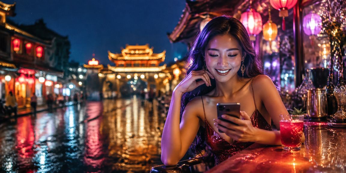Người dùng xem phân tích casino trên điện thoại với ánh đèn neon Huế về đêm