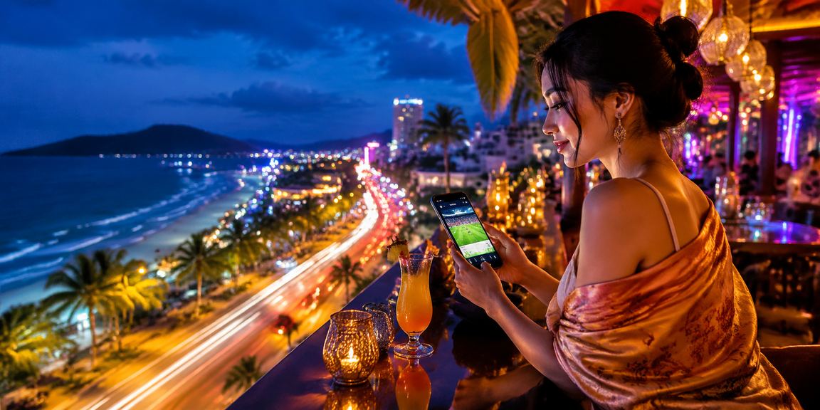 Không khí cá cược thể thao sôi động với ánh đèn neon tại Phú Quốc về đêm